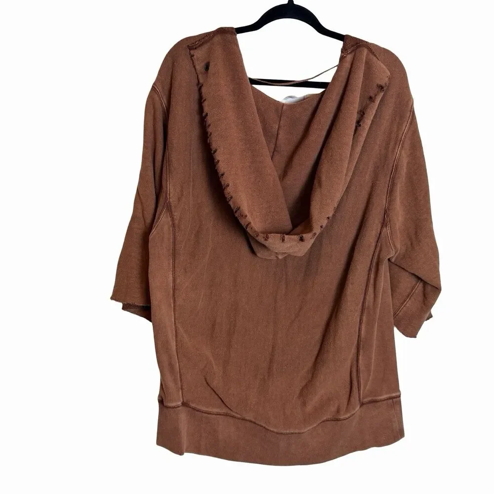 Free People Brown Hoodie Size L 3/4 Sleeve V Neck West Track Lagenlook  Distress